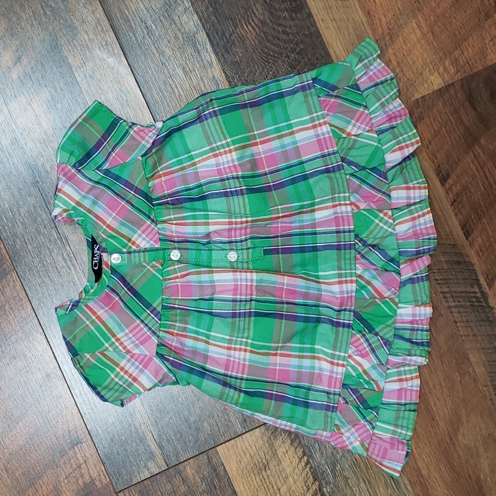 Chaps Green, Pink, and Blue Plaid Short Sleeve Tunic Top with Ruffles, Size 24M